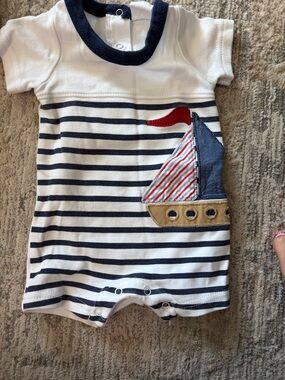 Starting Out Navy and White Striped Sailboat Footie